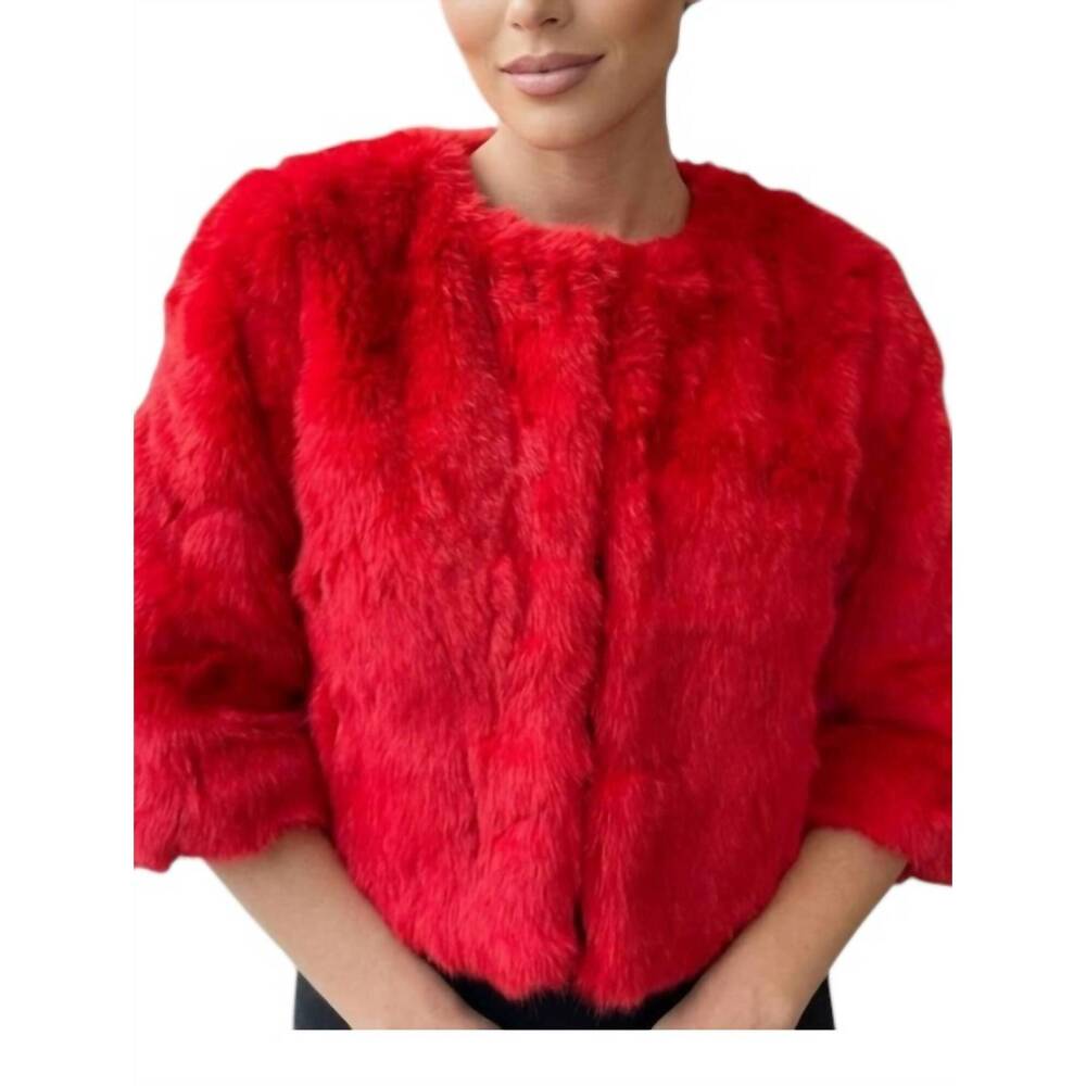 NEW THE BLUE COLLECTION genuine rabbit fur short jacket in red